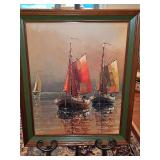 Framed mid-century marine print on board featuring distinct mid-century palette an impressionistic style. 19.25 x 23.25 in tall.