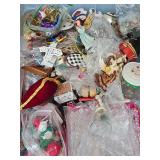 Container of Christmas tree decorations.