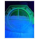 Anchor Hocking 'Princes' green uranium depression glass divided  plate from the 1930s. Small chip as shown.