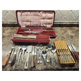 Vintage Lewis Rose & Company Sheffield England 5 piece stag handle carving set and kitchenware including Sheffield and Aycock steak knives.