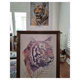 Framed tiger print 18 x 22 in tall and a photograph of Tom Memphis State mascot 8 in x 11 inches tall.