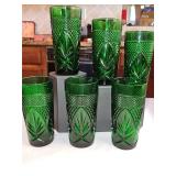 Set of 6 Cristal d'Arques-Durand 'Antique Emerald' pressed glass highball cooler/tumbler featuring a distinctive diamond lattice and fanburst pattern made in France