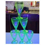 Set of 6 1930's vintage Fostoria Versailles green uranium glass footed tumbler or cocktail glass featuring an intricate etched scroll and basket design.