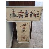 Two vintage circus lithograph prints by Denis Allemand, with whimsical illustrations of circus clowns and animals. 8.75 x 18.5 in.