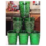Set of 6 vintage Anchor Hocking forest green water glasses in the pressed 'Sandwich' pattern, featuring an embossed floral and stippled texture design produced during the mid-20th century.