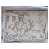 Antique tapestry with rod, tassels, and bells. 50 x 65 in wide.