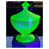 Indiana Glass Threaded Old English Uranium glass covered pedestal dish.