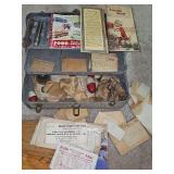 Vintage metal tackle box with some sinkers and floaters and a lot of paperwork from the 1950s. Includes a Ford owners manual for a 1951 passenger car, an April 1951 old colonels fishing guide, a map w