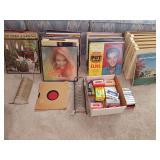 Grouping of  33 1/3 albums, 78 tpm albums, 45s, and cassette tapes. Many genres. Christian, christmas, easy listening, pop hits from the '50s and 60s and more.