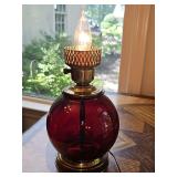 Ruby red lantern-look lamp. 18.5 in tall to top of chimney