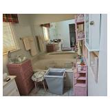 Contents as shown in master bathroom. Wicker 4-drawer chest is 15.5 x 15.5 x 34 in tall. Wicker cabinet with two doors and three shelves is 18 x 10 x 34.5 in tall. Hamper is 18 x 13 x 22 in tall. Does