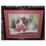 Framed print, titled 'Tea Times' or commonly known as the Victorian doll tea party print, was created by artist Val Bishop. 22.5 x 18.5 in tall.