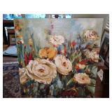 'Calico Fields' print on canvas by artist Asia Jensen, featuring a textured floral composition of soft white and gold-toned blossoms against a muted greenish-blue background. 27 x 27 in tall.