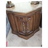 Octagon table with one door for underneath storage. 27 x 23.5 x 20 in tall. Lamps are NOT included.