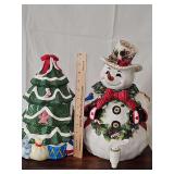 Christmas tree cookie jar and snowman beverage dispenser.