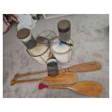 Fishing items. Two minnow buckets, three cricket boxes, three oars, and a fish trap.