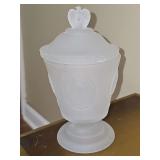 Fenton 1976 Bicentennial Commemorative Frosted Compote, featuring relief etchings of Founding Fathers and an eagle finial.