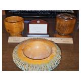 Wood office items. Pencil/pen holder with bicentennial Eisenhower dollar, magnolia wood cup for paper clips, 1950's Italian hand-carved wooden bowl designed by Aldo Tura for Macaboand, and spiritual c