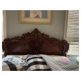 Beautiful carved mahogany queen size Asian Rococo Floral bed. Headboard is 69 inches wide. Footboard on left and right rail looks to have been repaired at some point.