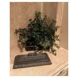 Four decor pieces; Ivy on tile, 2 false books and a 13 1/2“ x 6 1/2 x 4“ resin decor box