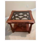 Gordon’s Walnut rectangular side table with smoked glass insert. shows some wear 22” x 25” x 21”