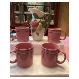 Set of 4 JMP chromatics stoneware, pink coffee mugs with stripes (Japan) and a 8 inch pitcher with fruit