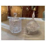 Two vintage cut glass candy jars. The round is 8 inches. The octagon is 9 inches.