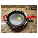 Set of 3 LeCreuset red cast-iron, enamel frying pans. 12 inch and 10 1/4 inch.