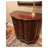 Three drawer entryway/chest with scalloped edging. 38” x 20” x 34 1/2”.