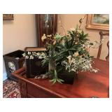 Jane Eyre false book 6“ x 8“ and a flower arrangement in a ceramic black and green base pot 20 inches with florals