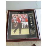 Tiger Woods grand slam champion framed photo with medallions.  Masters champion, U.S. Open champion, British Open champion in PGA champion.