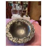 Two glass vases, a brass cream and sugar set and a 13 inch Lenox metal bowl