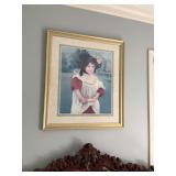 34” x 39” gold framed portrait of girl in bonnet signed