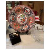 Neiman Marcus silver plated longhorn stopper and a melamine ware 15 1/2 inch platter and a Dodinger Shannon Crystal- Brandon-salt and pepper shaker