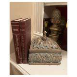 8 1/2 in.² Resin decorative lidded box with two law books. The back of box does show some paint chipping