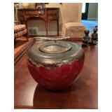 Z Gallery glazed ceramic red and bronze lid with metal handle 10” x 9”