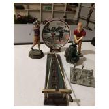 Assortment of golf related decor.. 10 1/2 and 11 inch golf figurines. The plate has been repaired, tic-tac-toe and more as shown