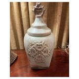Large distressed lidded ceramic urn vase. 15 inches.