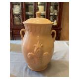 Yellow glossy Fleur-de-Lis ceramic jar/canister with lid 15” x 10”