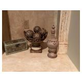 3 decor pieces; a wooden box 9” x 6” x 4 1/2”, resin decor piece 12 inches tall and a gold and marble bowl with balls 10“ x 9“