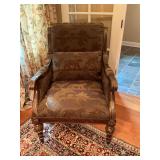 Antique French Regency style gold leaf armchair. Beautifully covered in brown animal print upholstery. 28"x32“x40“ seat height is 20 inches.