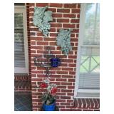 Assortment of garden decor, great Plex metal wall, hanger, and plant stand with ceramic pots