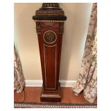 Maitland Smith finely inlaid Georgian mixed veneer torchere, Sherwood brass mounts. This has a black 12 in.² marble top and is 47 inches tall.