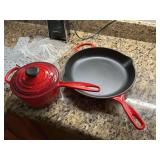 Red  LECREUSET 12 inch frying pan and new pot.