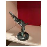 SPI Gallery Humpback Whale figurine, mama and baby calf, coral brass with marble ocean. 6”