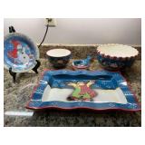 Christmas country snow boys Christmas decor and an 8 inch snowman Christmas plate. Platter is 16 x 11” bowl is 9” x 5” and 6” x 3 1/2”