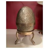 Vintage large brass floral egg shaped trinket box on stand. 6 3/4” India