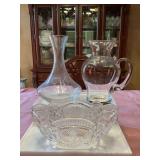 Group of Crystal/glass. Crystal engraved wine decanter, 10 inch Crystal bowl and a water pitcher