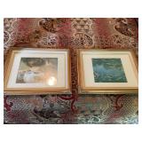 Two gold framed pictures 17“ x 14“. Lily Pond and garden scene.