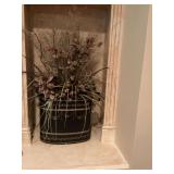 Faux arrangement in black and gold 16“ x 13 1/2” metal container. 39 inches tall with arrangement.